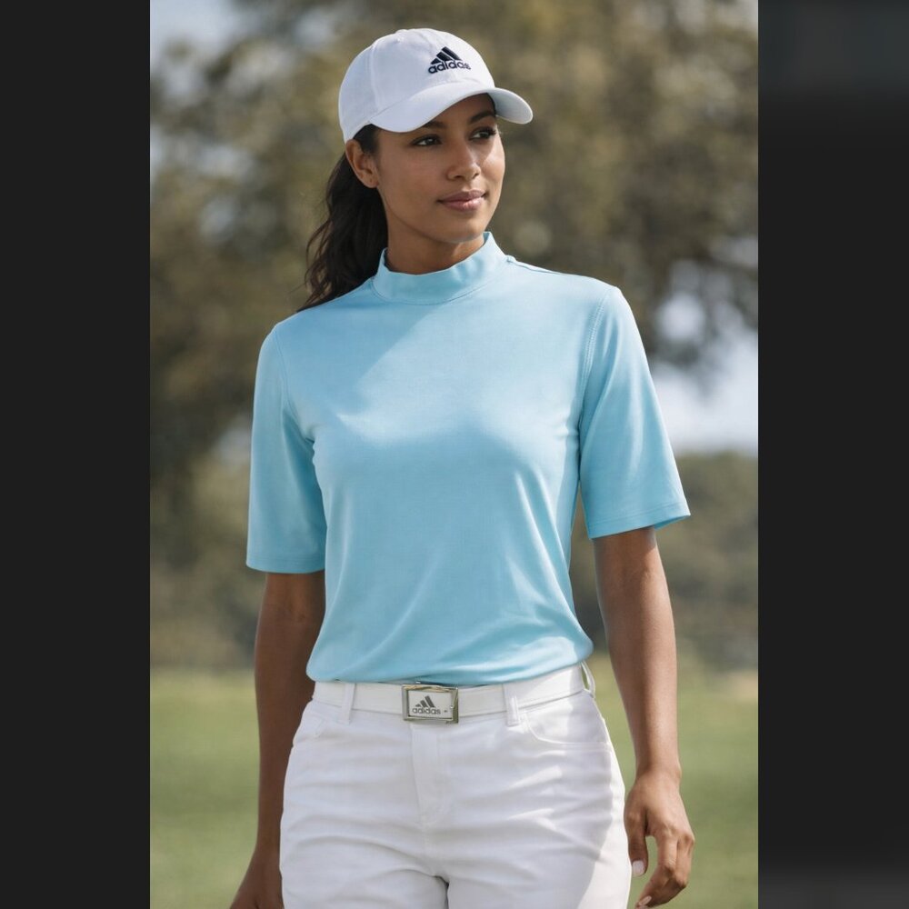 Adidas Golf Shirt Women's Large Bliss Blue Mock Neck UPF 50 Stretch HM5543 NWT